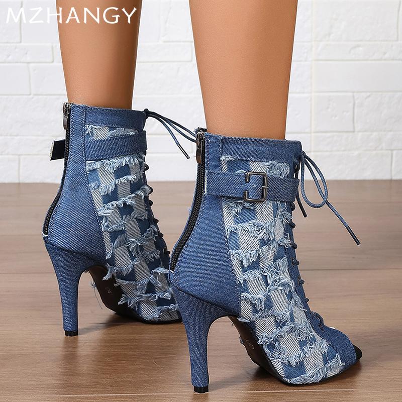 Ковбойские женские ботильоны с открытым носком, высокие каблуки, сексуальные туфли, модные туфли-лодочки с острым носком, тренд осени 2024 года, платье со шнуровкой, Botas Mujer
