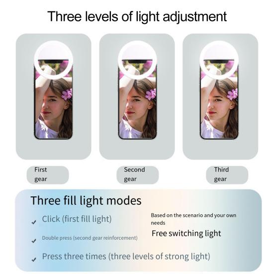 LED Rechargeable Selfie Fill Light Modes Ring Clip-on Round Beauty 3 Light Portable Anti-slip