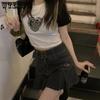 WTEMPO Kawaii Hot Girl Джинсовая юбка Женская плиссированная юбка Y2K Повседневная студенческая стильная тонкая мини-юбка с высокой талией в готическом стиле