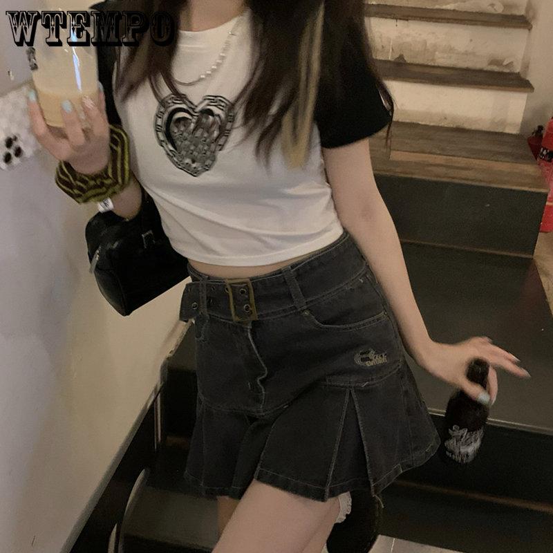 WTEMPO Kawaii Hot Girl Джинсовая юбка Женская плиссированная юбка Y2K Повседневная студенческая стильная тонкая мини-юбка с высокой талией в готическом стиле