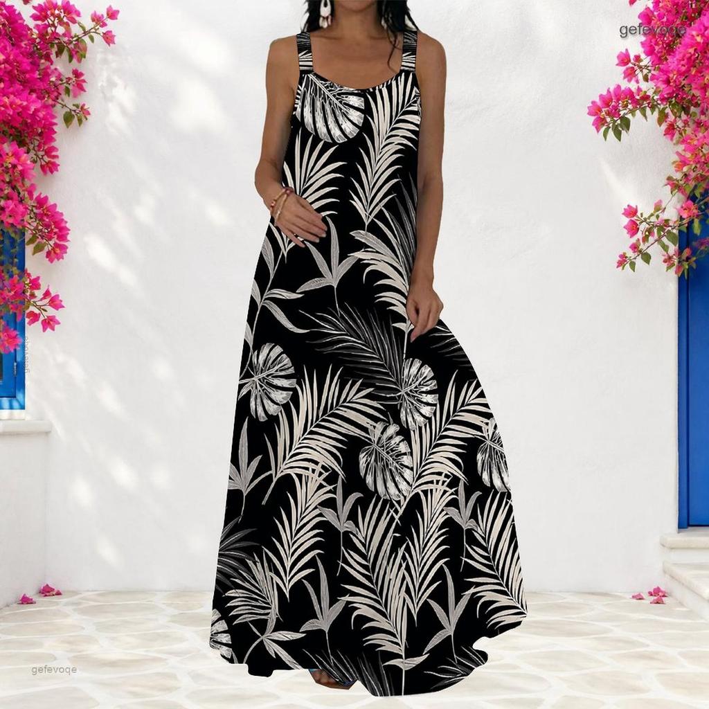 Women Plus Size Scoop Neck Strappy Sleeveless A Line Clover Printed Maxi Dress