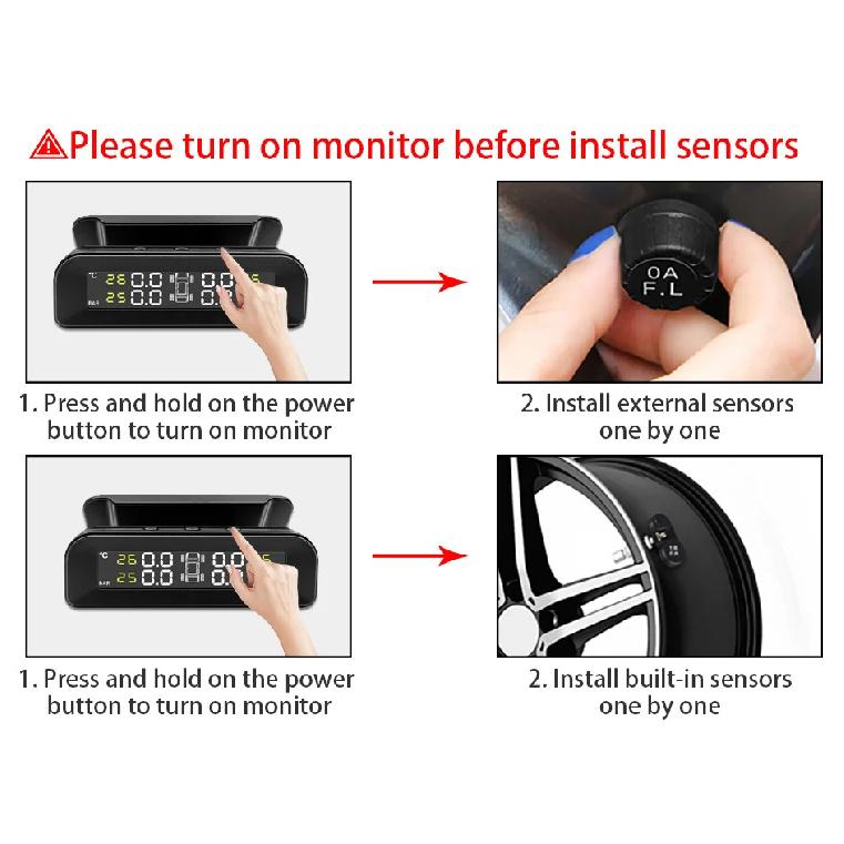 E-ACE Smart TPMS Car Tire Pressure Alarm Temperature Monitor System 4 Sensors Display Solar Intelligent USB And Solar Charging
