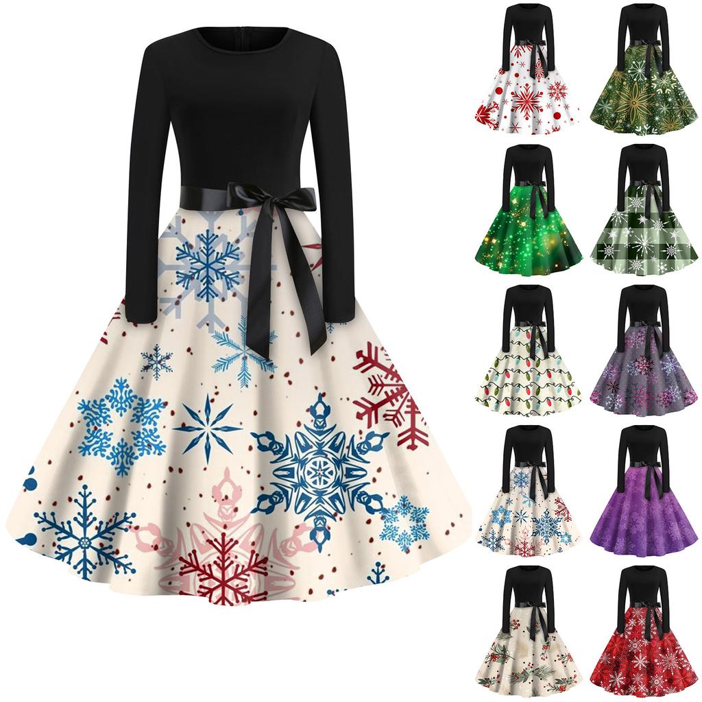 Женская мода с круглым вырезом, повседневные тонкие рождественские платья с длинным рукавом и принтом