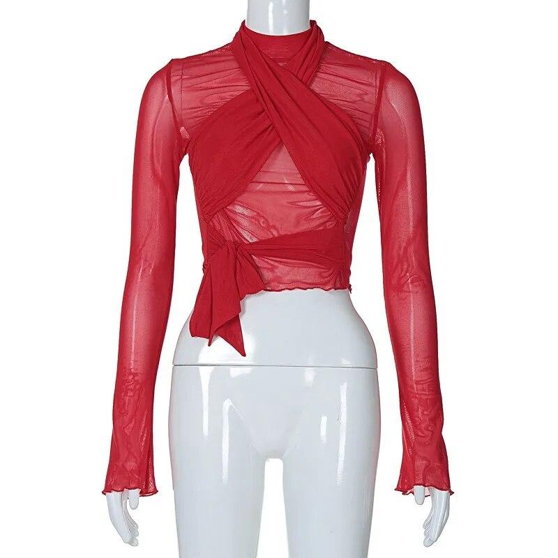 Sexy Street Long Sleeve Fashion Tshirt Lace Up Patchwork Design Top Street Solid Color Clothing For Women Elegant Blusas 30434
