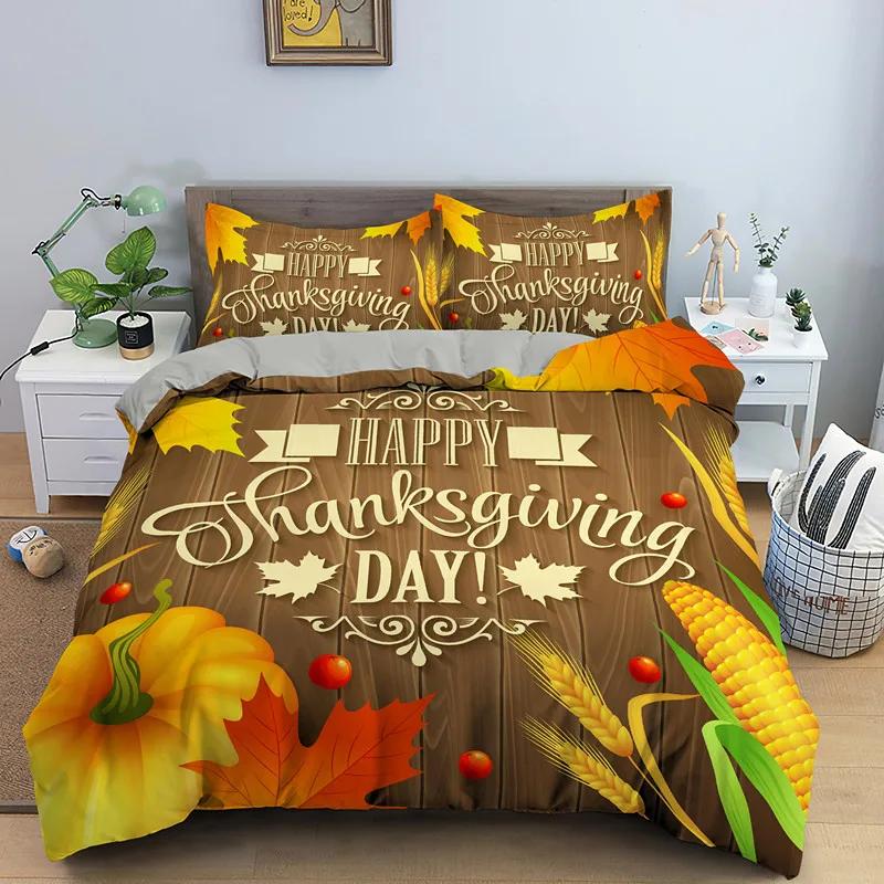 Autumn Thanksgiving Day Duvet Cover King Queen Cartoon Orange Pumpkin Turkey Bedding Set Maple Leaves Soft Polyester Quilt Cover