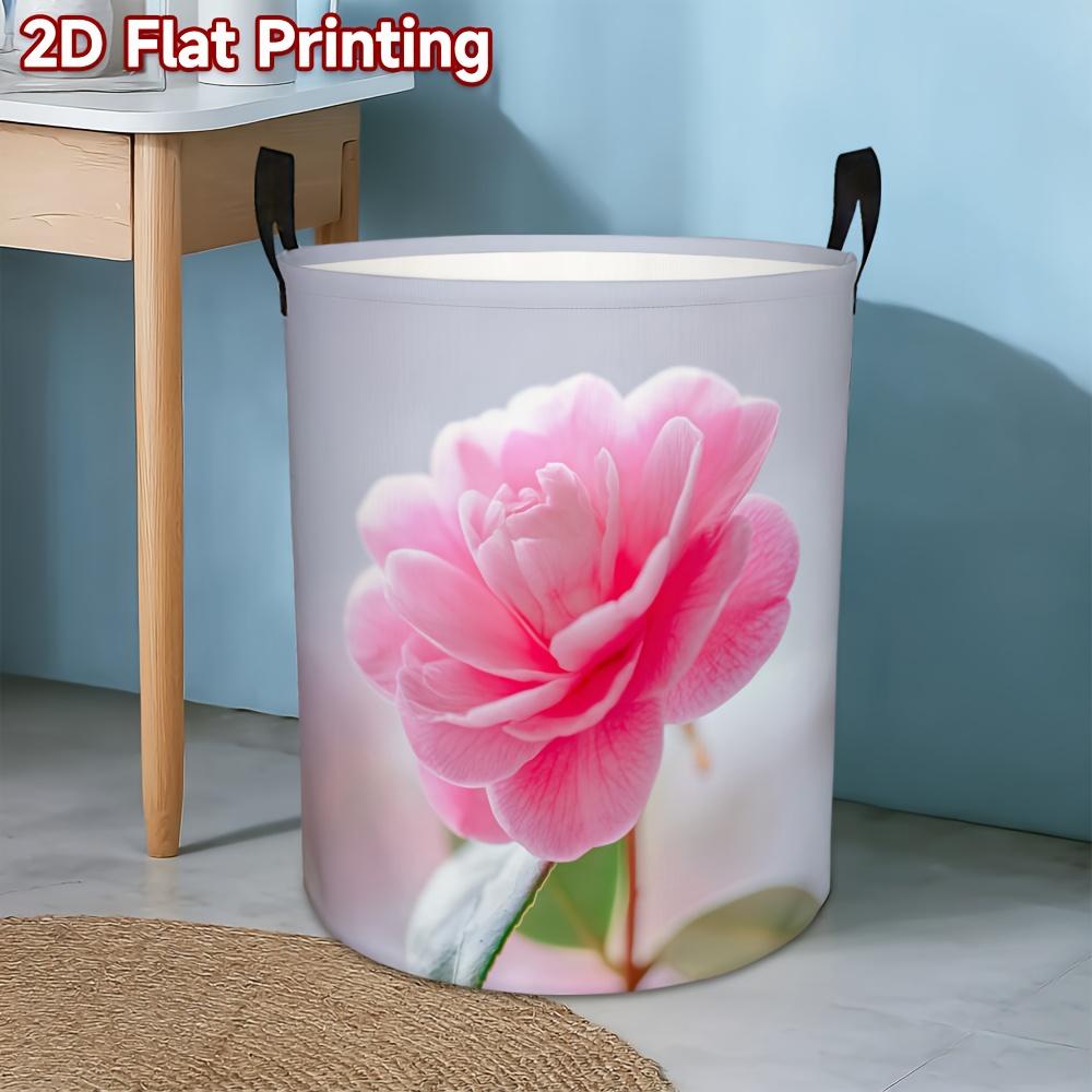 1pc Laundry Basket, Pink Rose Floral Print Laundry Basket, Polyester Fabric with Handle, Large Capacity Foldable Home Decoration Basket, Space-Saving