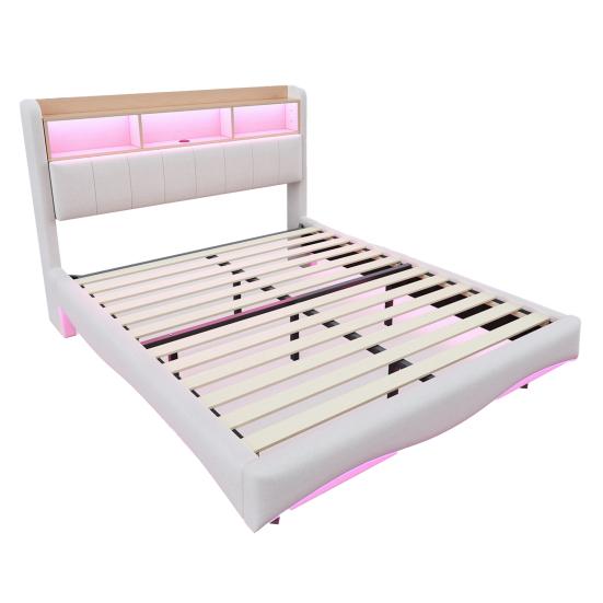 Bed with LED Light Suspended Design Upholstered 140x200cm Linen Fabric Multifunctional Storage Light USB And Type-C Interface Beige