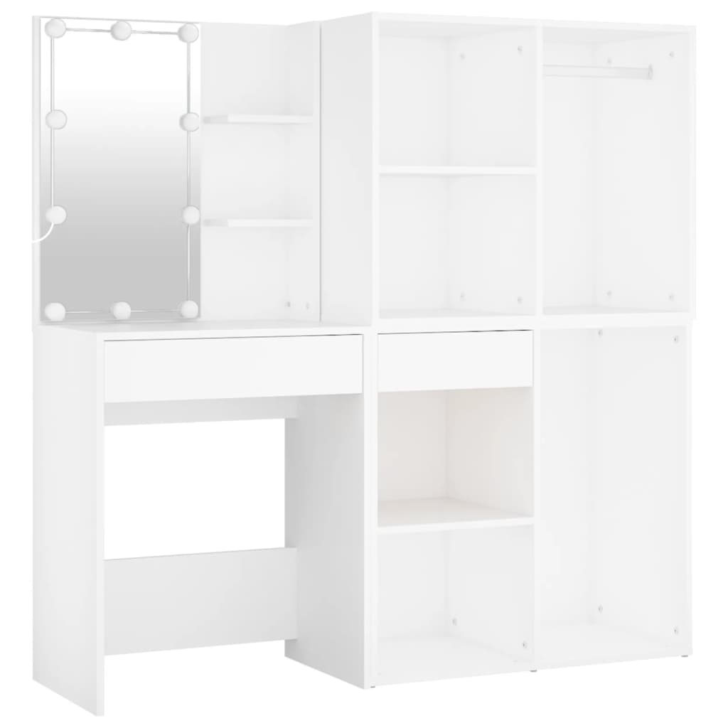 LED Makeup Table with 2 Cabinets White Wood Based Material