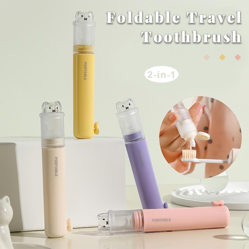 Cute 2 In 1 Foldable Travel Toothbrush Portable Toothpaste Storage Soft Bristle Toothbrush with Bear Dust Cover