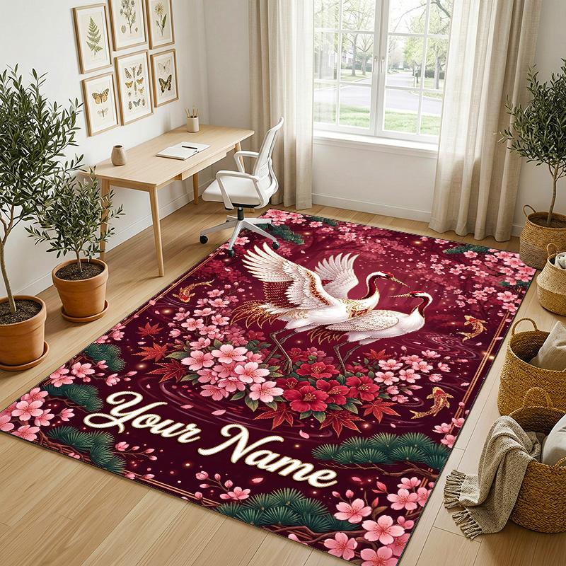 Floral Garden Theme Crystal Velvet Rug Personalized Custom Name Text Soft Floor Mat Home Decor