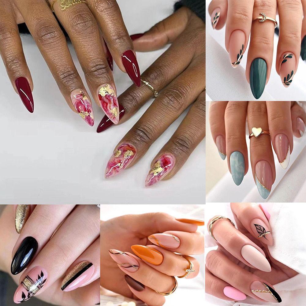 24 шт. Съемные накладные ногти в форме листа, волнистые, своими руками, длинные, миндальные, французские накладные ногти с блестками