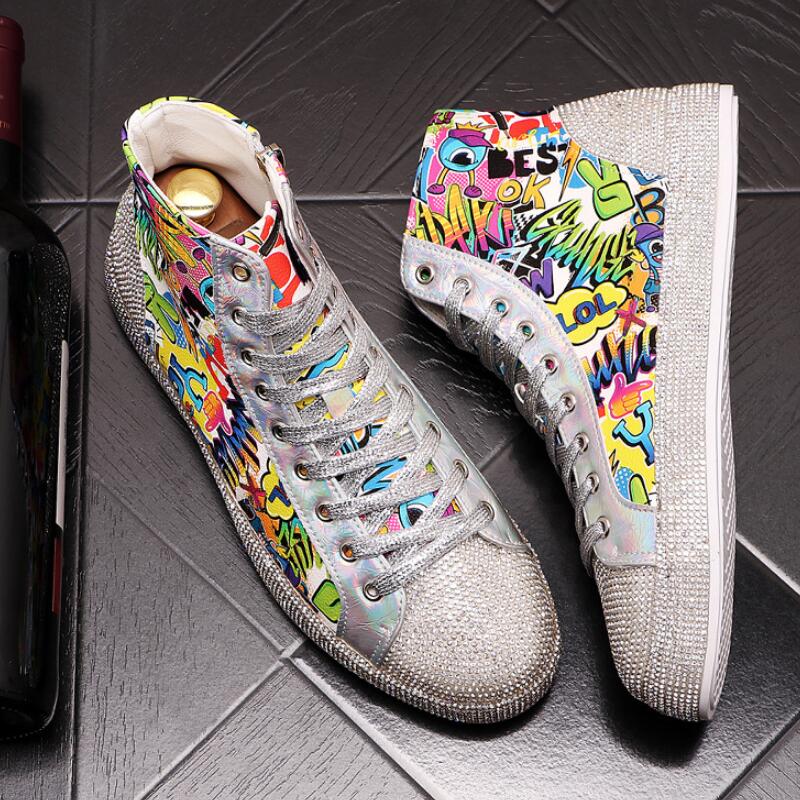 Мода Новые Мужские высокие кеды глажка парусина граффити доска дух молодого человека ослепительный цвет кожа низкие повседневные туфли A8
