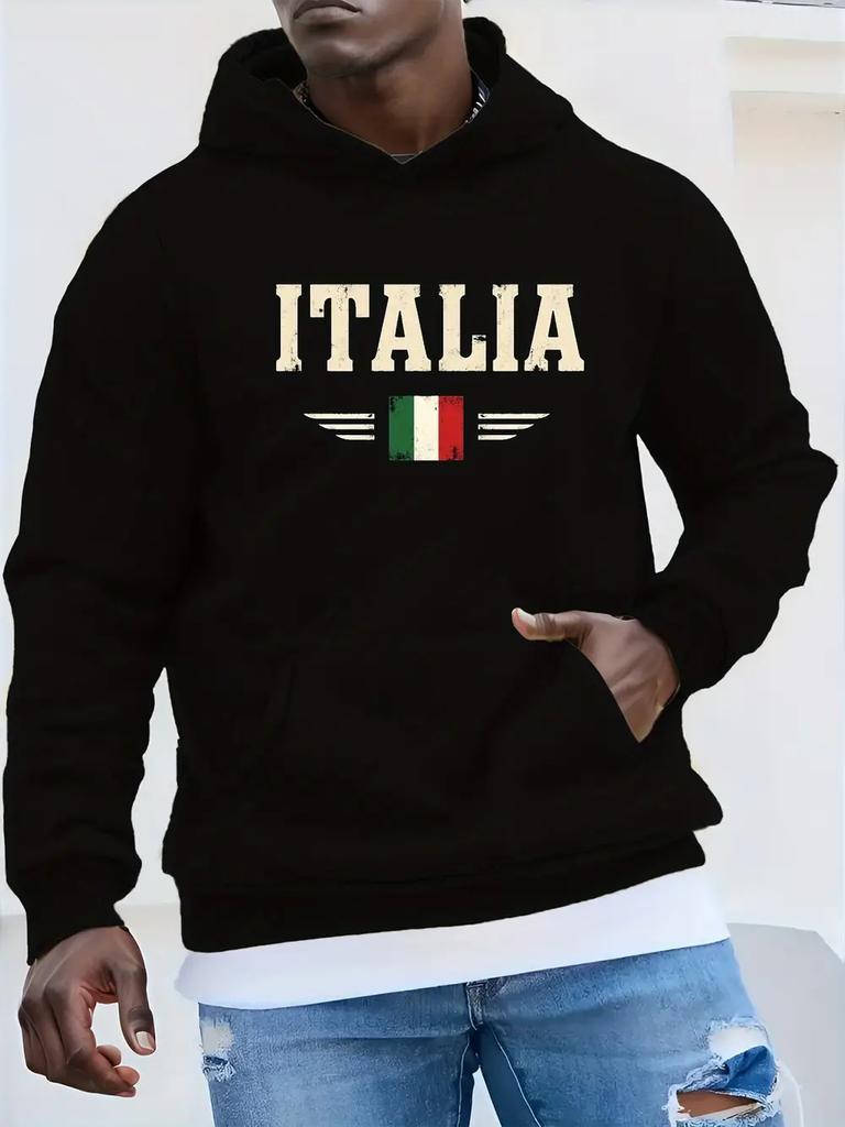 ITALIA Толстовка с графическим изображением итальянского флага для полных - Свободный крой, повседневный пуловер с потертыми буквами