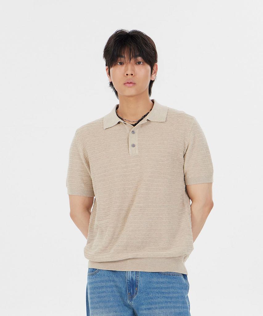 MAKEITTO Striped Texture Collar Knit Short Sleeve T-Shirt_Beige