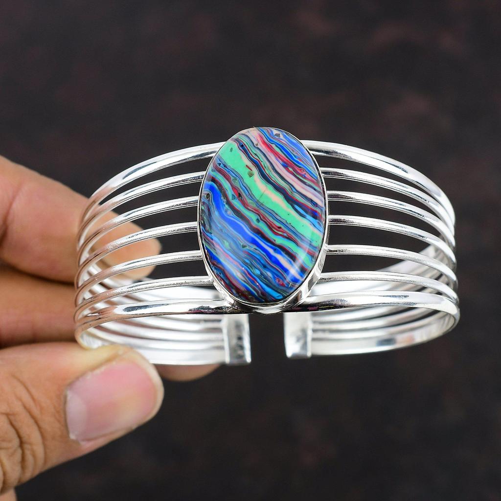 Rainbow Calsilica Bangle Handmade Gemstone Cuff Bracelet 925 Sterling Silver Bangle Adjustable Cuff Bracelet Dainty Jewelry Engagement Gifts