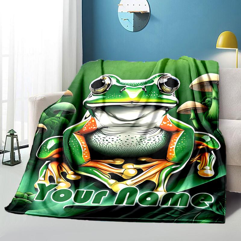 1PC Custom Name Frog Mushrooms flannel blanket versatile,all-season throw suitable for the living room,bedroom,camping,travel,and gift