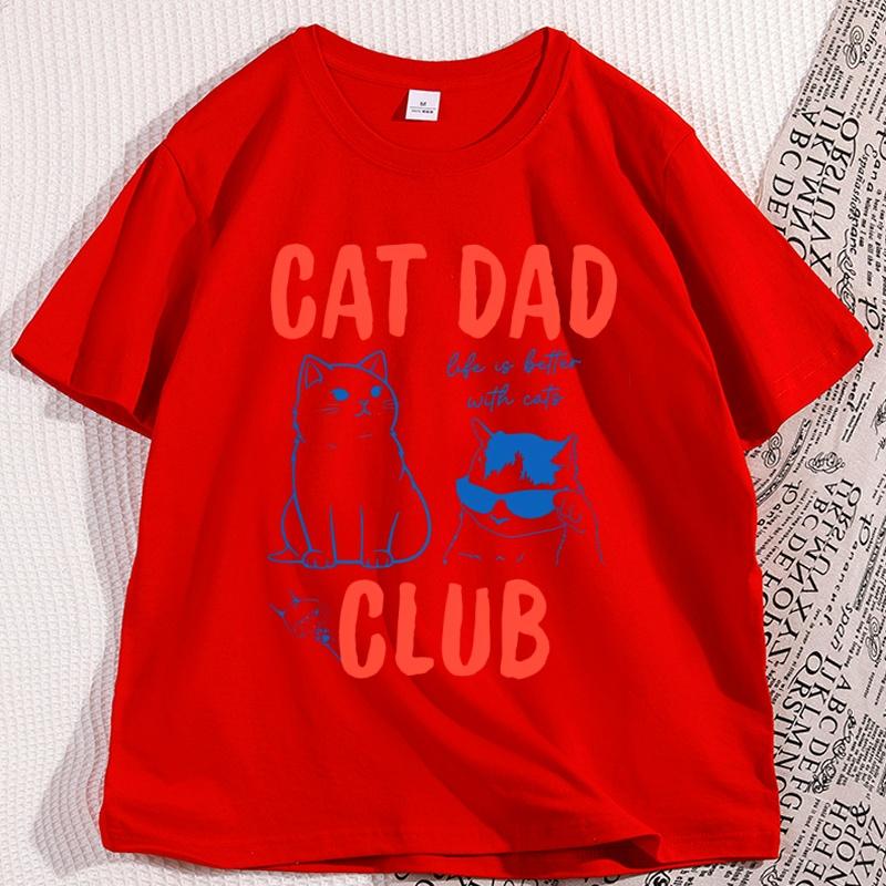 Cat Dad T Shirt Men Casual Cotton Short Sleeve Cat Dad Club Tshirt Funny Cat Lover Tshirt Casual Short Sleeve Round Neck Tee