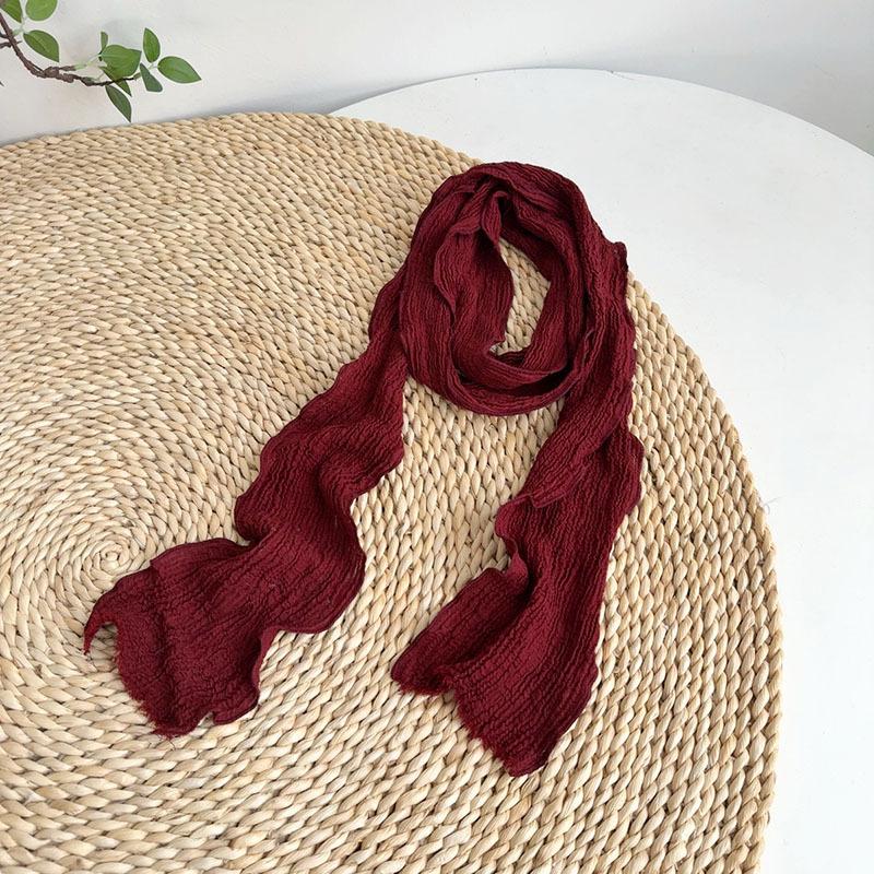 Retro Pleated Ramie Scarf Slender And Narrow Long Silk Scarf Japanese Mori Women Versatile Extended Neck Protector Scarf Shawl