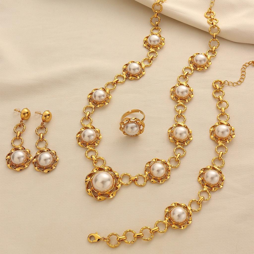 European and American fashion necklace set Geometric vintage-style pearl-inlaid earrings and open ring versatile jewelry