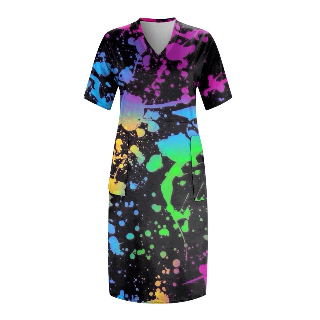 Женское летнее повседневное платье больших размеров с V-образным вырезом и коротким рукавом с карманом до колена