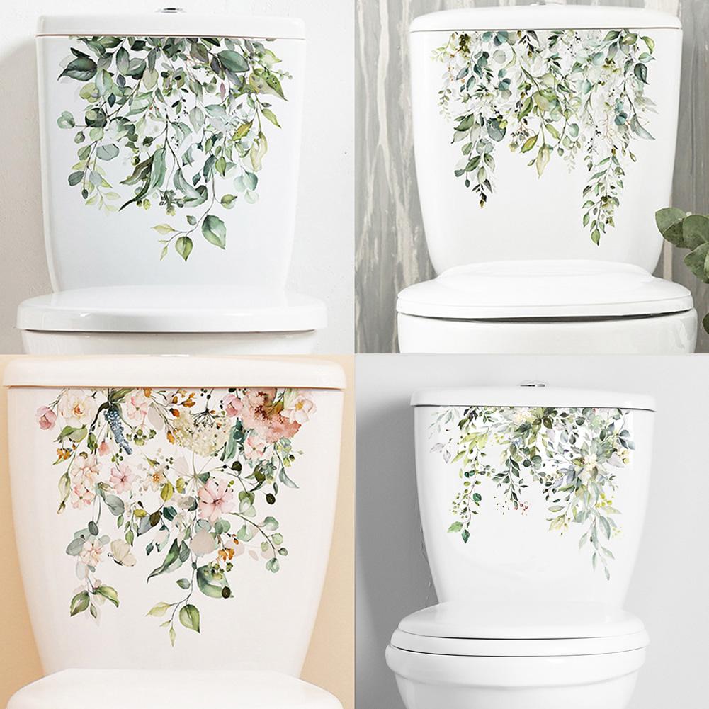 Green Plant Leaves Flower Toilet Stickers Bathroom Wall Decor Decals Living Room Home Decoration Beautify Self-Adhesive Poster