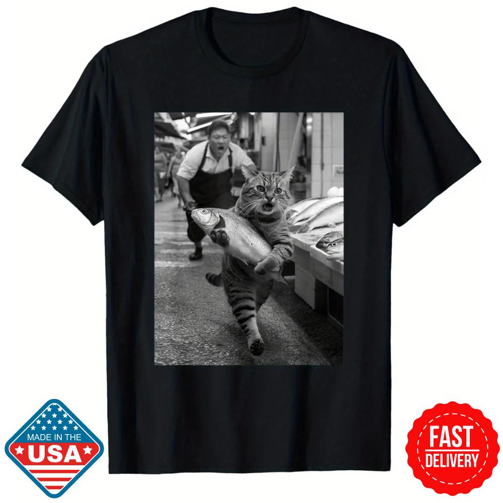 Funny Cat Steals Fish Market Black amp; White Meme T-Shirt | Unisex | Cotton | SALE Unisex T-Shirt
