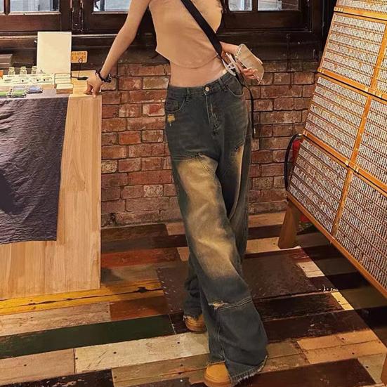 Мужские повседневные джинсы в стиле ретро со средней посадкой и карманами, широкие длинные джинсовые брюки в стиле хип-хоп, рваные джинсы, потертые джинсы