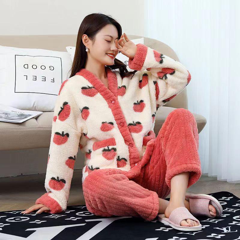 Sweet Lolita Princess Pajamas Set Women's Cute Embroidery Peach Pattern Coral Fleece Warm Sleepwear Girls Home Clothes Pyjamas