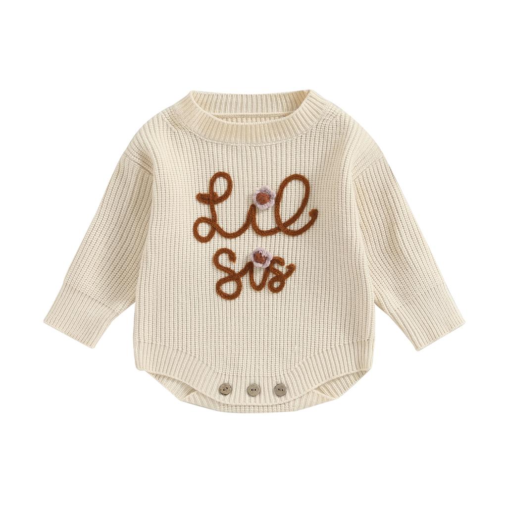Baby Girl Fall Romper Long Sleeve Letter Embroidery Round Neck Knit Bodysuit Newborn Sweater