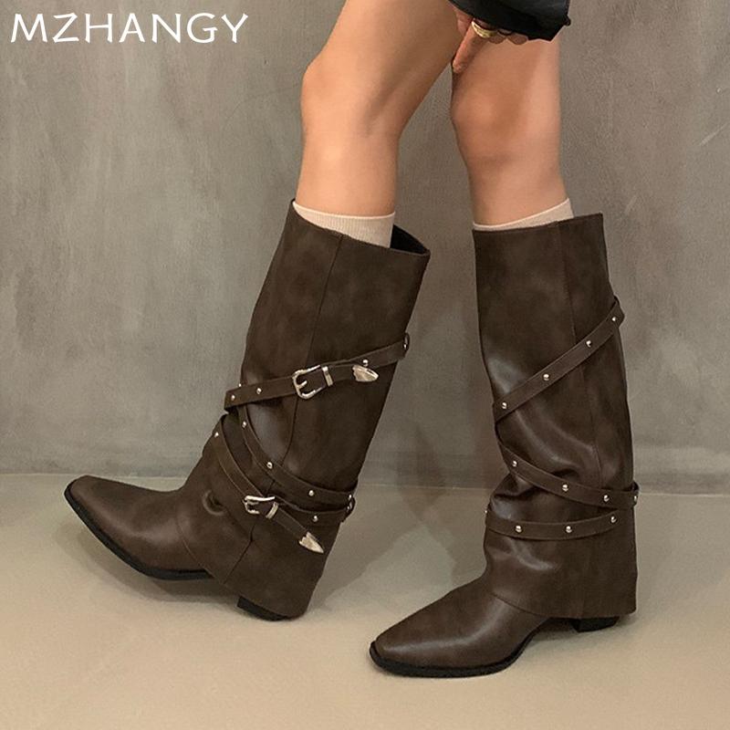 Модные женские сапоги с острым носком и высокими каблуками из кожи, модная женская обувь 2025 года, элегантные туфли-лодочки, дизайнерские мотоциклетные сапоги, женские ботинки