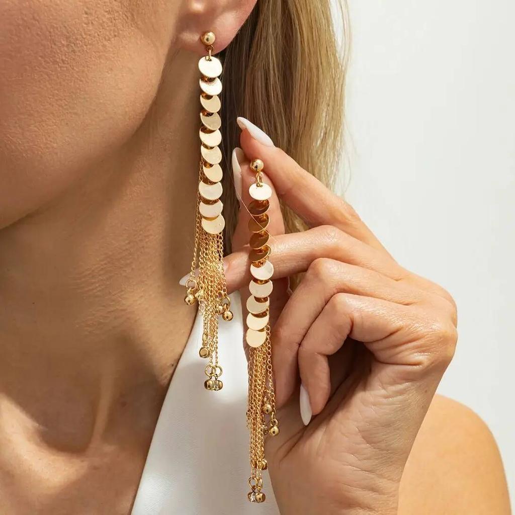 SHIXIN New Elegant Sequin Long Tassel Drop Earrings for Women Sexy Vintage Alloy Round Pendant Earrings Daily Wear Jewelry Gifts