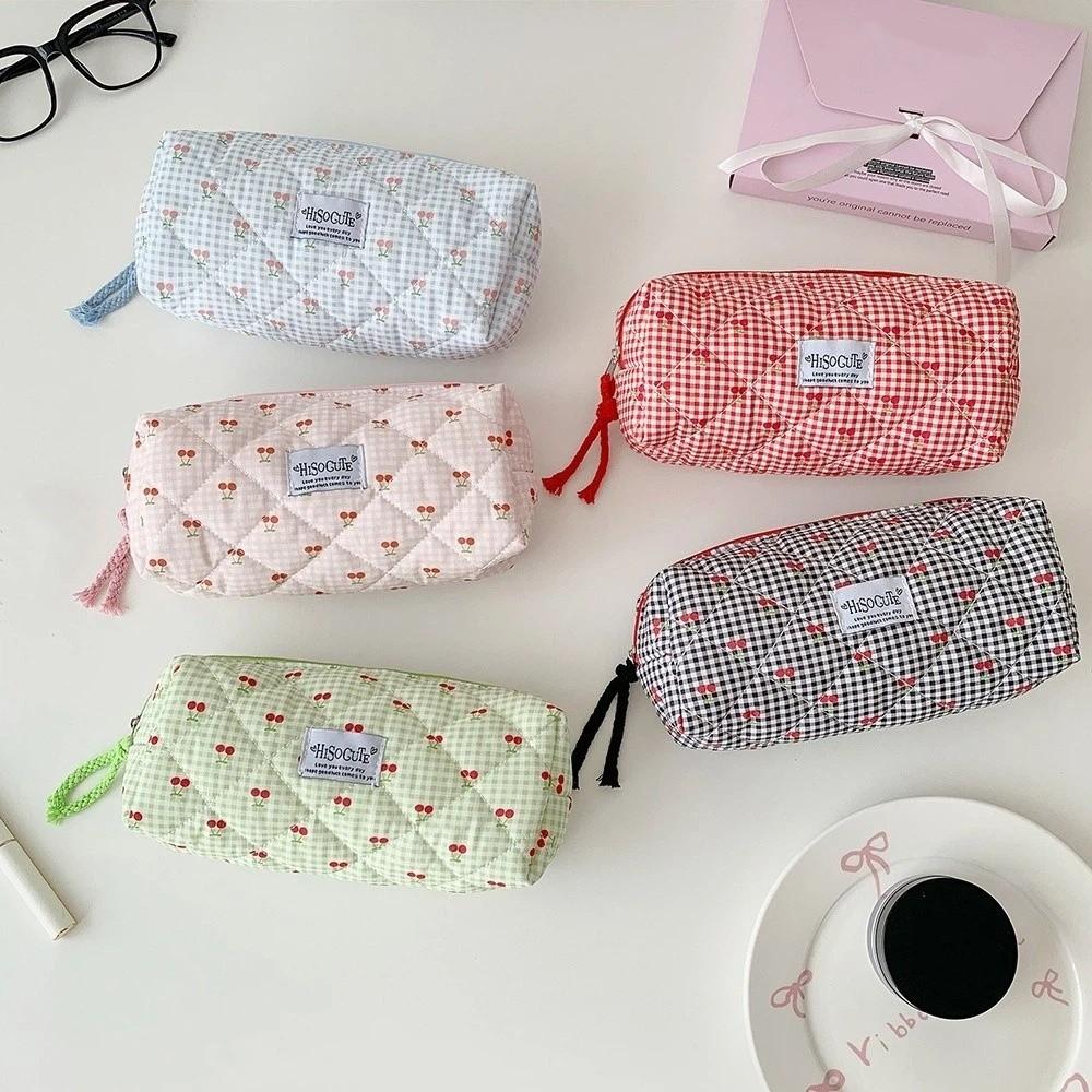 Single Layer Korean Cherry Pencil Case Cute Design Cloth Plaid Pen Bag Student