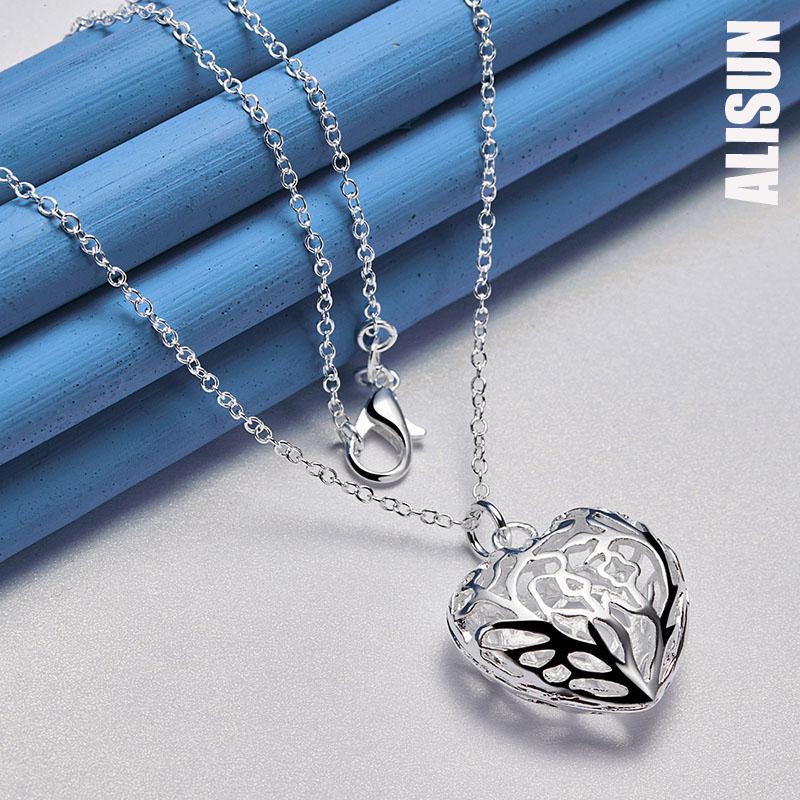 925 Sterling Silver Hollow Heart Pendant Necklace Fashion Wedding Jewelry