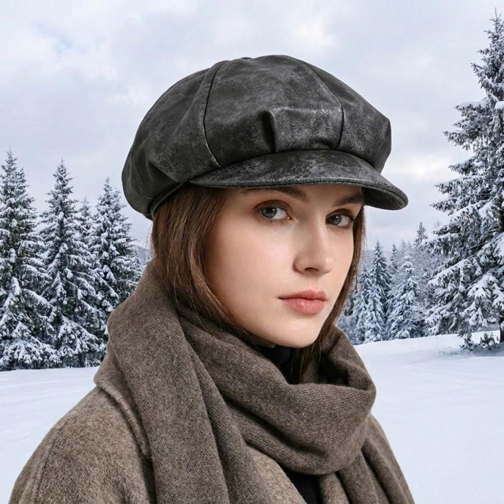 Solid Color Pu Leather Beret British Style Painter Hat Elegant Women's Beret Autumn Winter