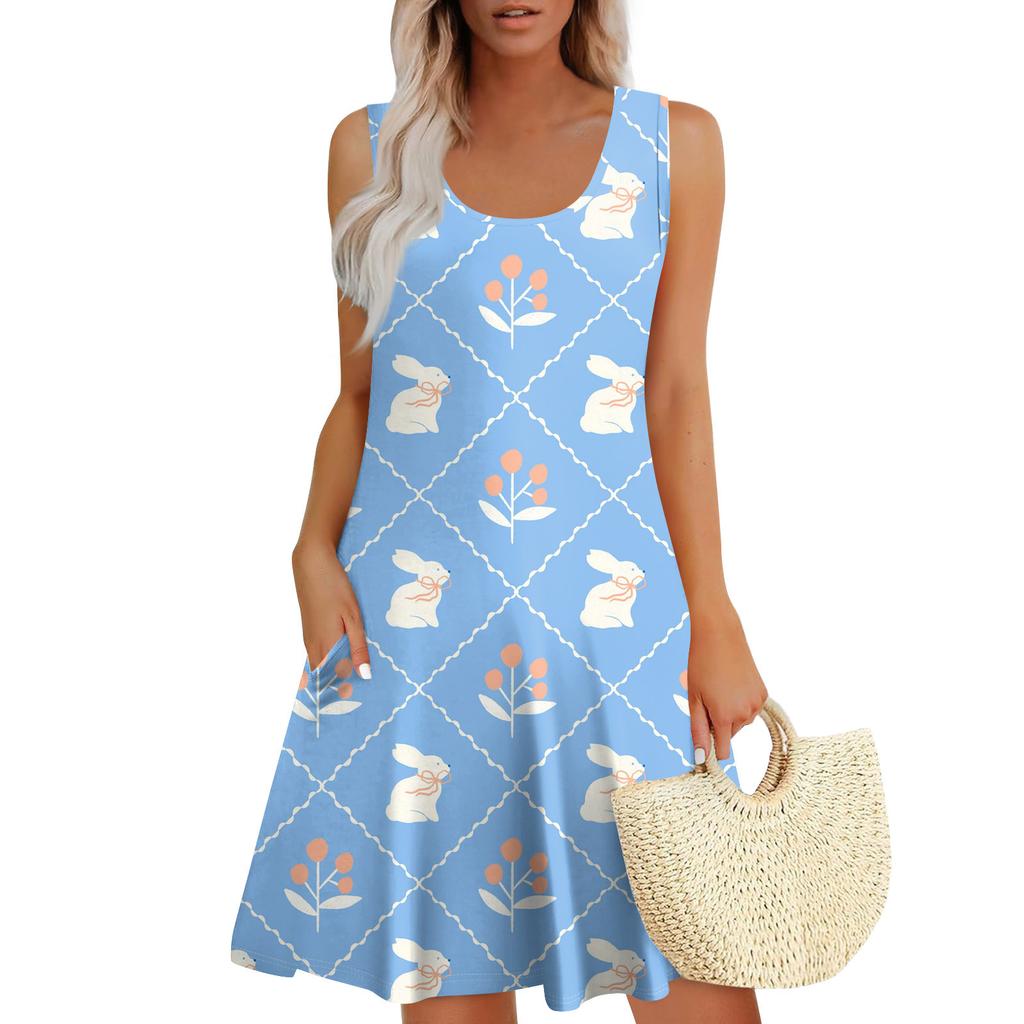 Womens Summer Dresses Easter Print Loose U Neck Sleeveless Sundresses Dress With Pockets