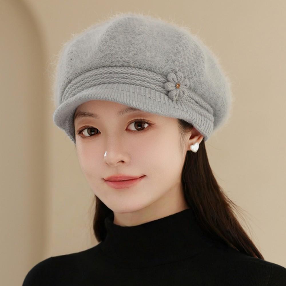 Women Fashion Winter Warm Hat Flower Design Plush Fur Lined Warm Hats For Women Casual Rabbit Fur Blend Outdoor Knitted Cap