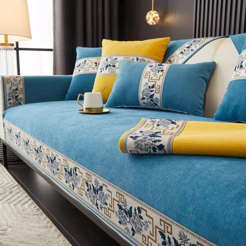 Однотонный чехол на диван с китайской вышивкой, серый шенилл, всесезонный, противоскользящая подушка для дивана, полностью закрывающий, пылезащитный диванный плед