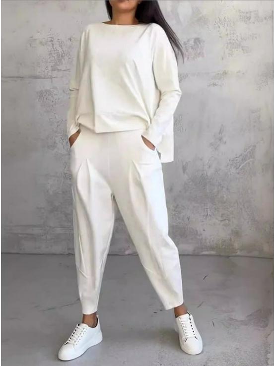 Women's 2025 Two-Piece: Solid Color, Casual Slim Fit, Long Sleeve, Round Neck