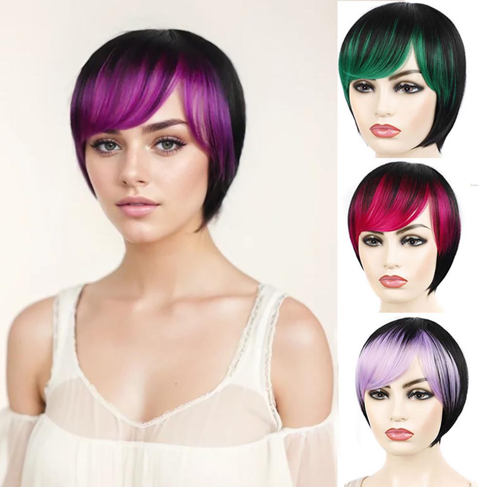 Short Hair Wigs Bob Haircut Whit Bangs Pink Purple Green Ombre Color Wig for Women Girls