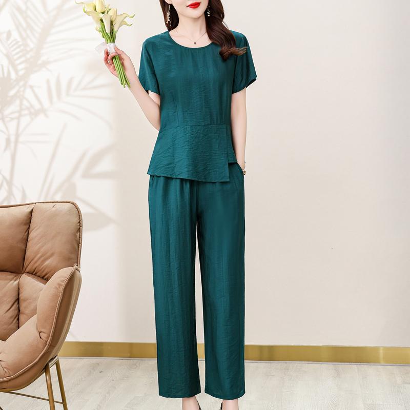 Летние комплекты из двух предметов для женщин, элегантные однотонные комплекты брюк с высокой талией больших размеров