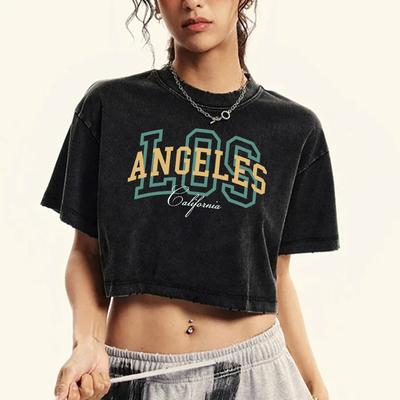 Лос-Анджелес Калифорния Искусство Принт Буква Женская Выстиранная Футболка Мода Хлопковая Футболка Кроп Короткий Рукав Приталенная Одежда