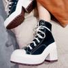 Canvas Shoes Women's Retro Chunky High-heeled High-top Lace-up White Casual Shoes