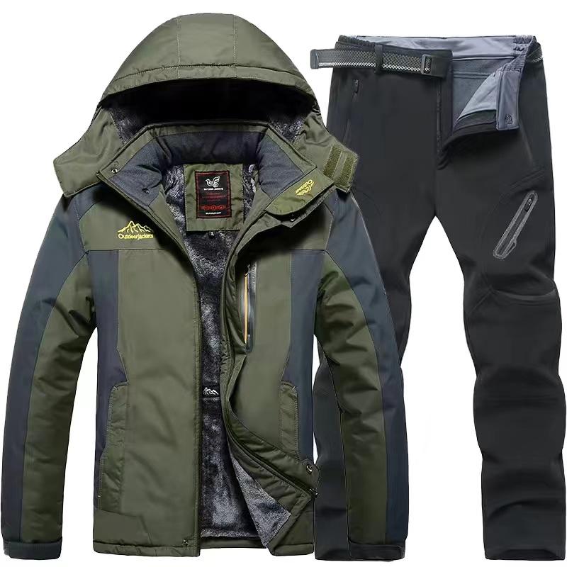 Men's Autumn and Winter Outdoor Mountaineering Suits Work Clothes Suits Oversized Cotton Suits Thermal Jackets + Thermal Trousers 2-piece Set