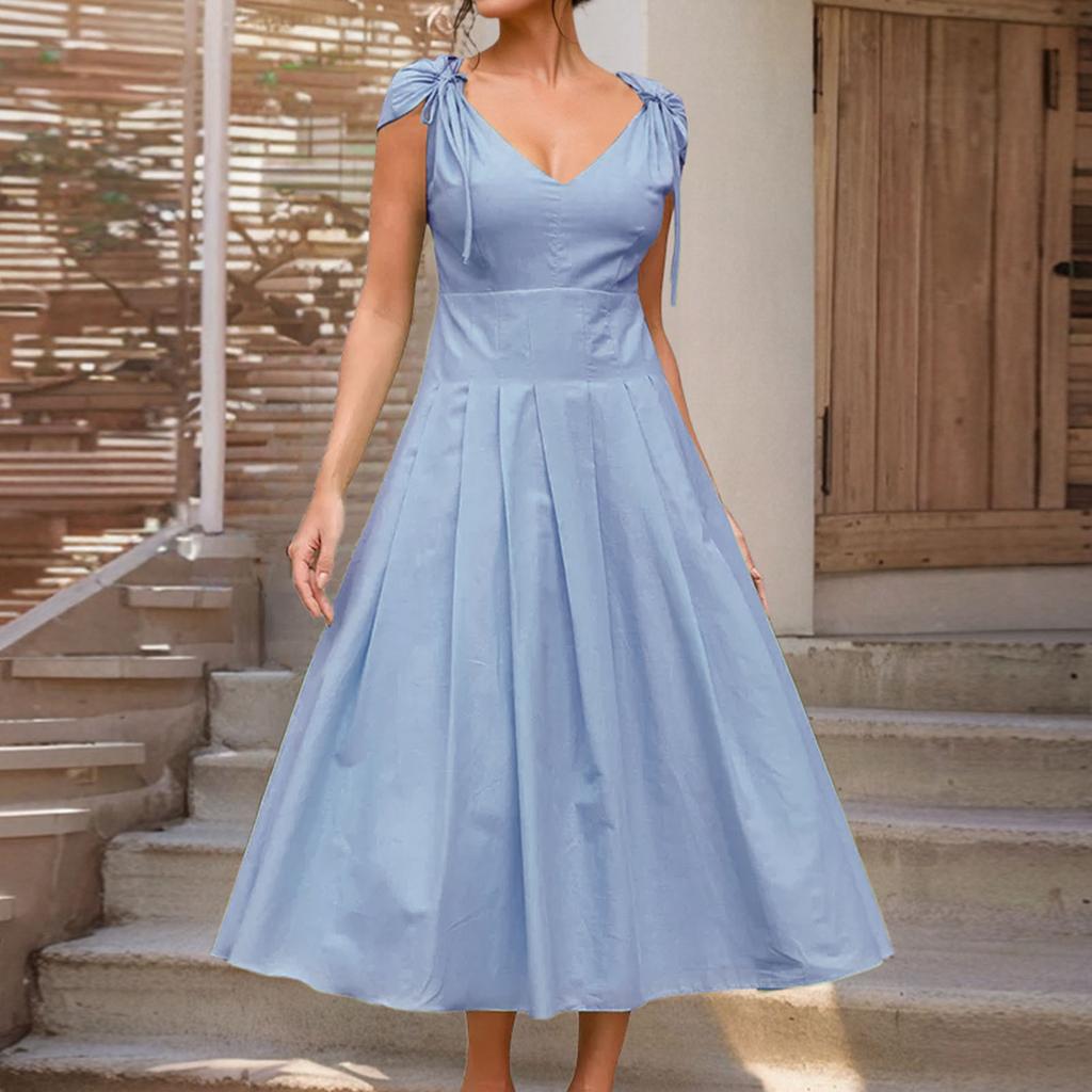 Женская мода элегантный темперамент V-образный вырез галстук А-силуэт однотонные платья