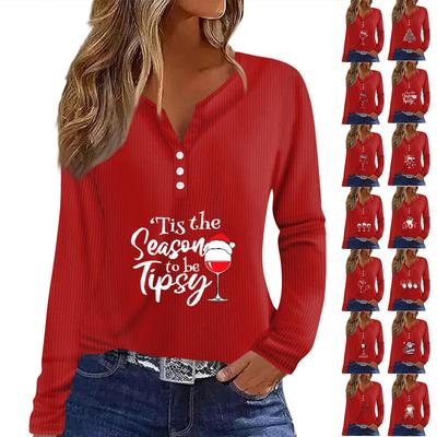 Женская мода повседневная рождественская винная бокалная печать V-образный вырез рукав 3/4 пуговиц трикотажная толстовка с капюшоном обычный топ