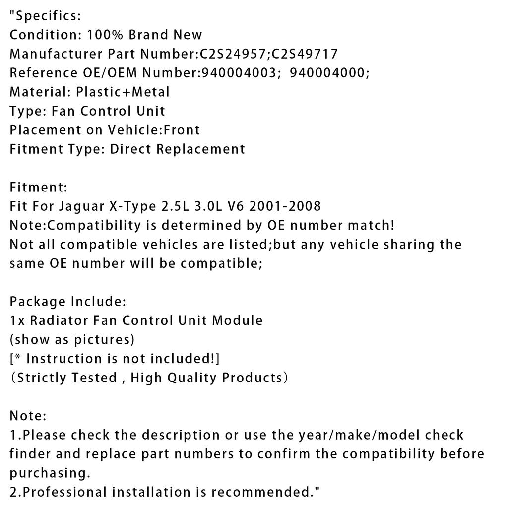 Radiator Fan Control Module For Jaguar X-Type 2.5L 3.0L V6 2001-2008 C2S24957