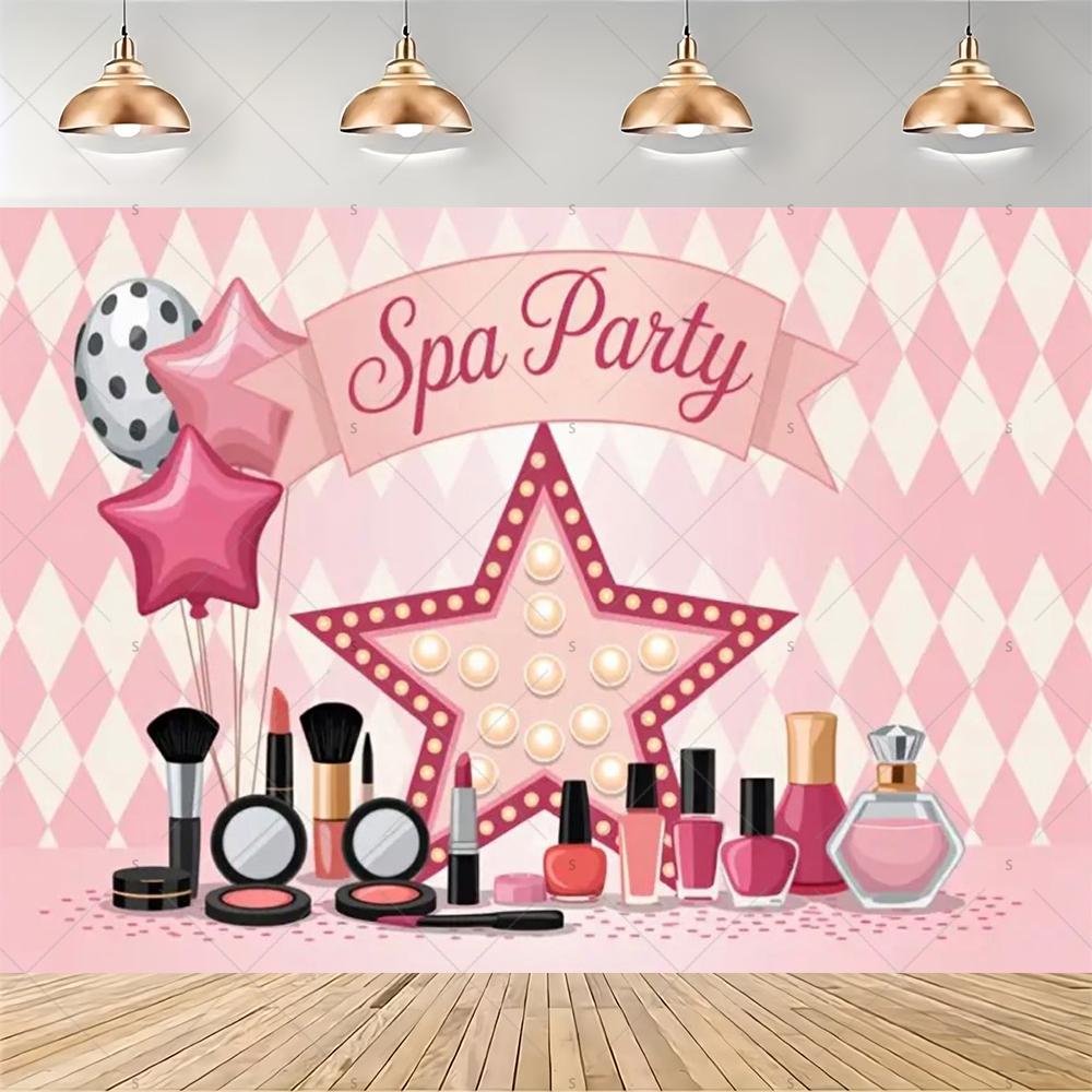 Cartoon-style spa party decor, backdrop with balloons, beauty salon background, photo studio supplies for girls, ban3608