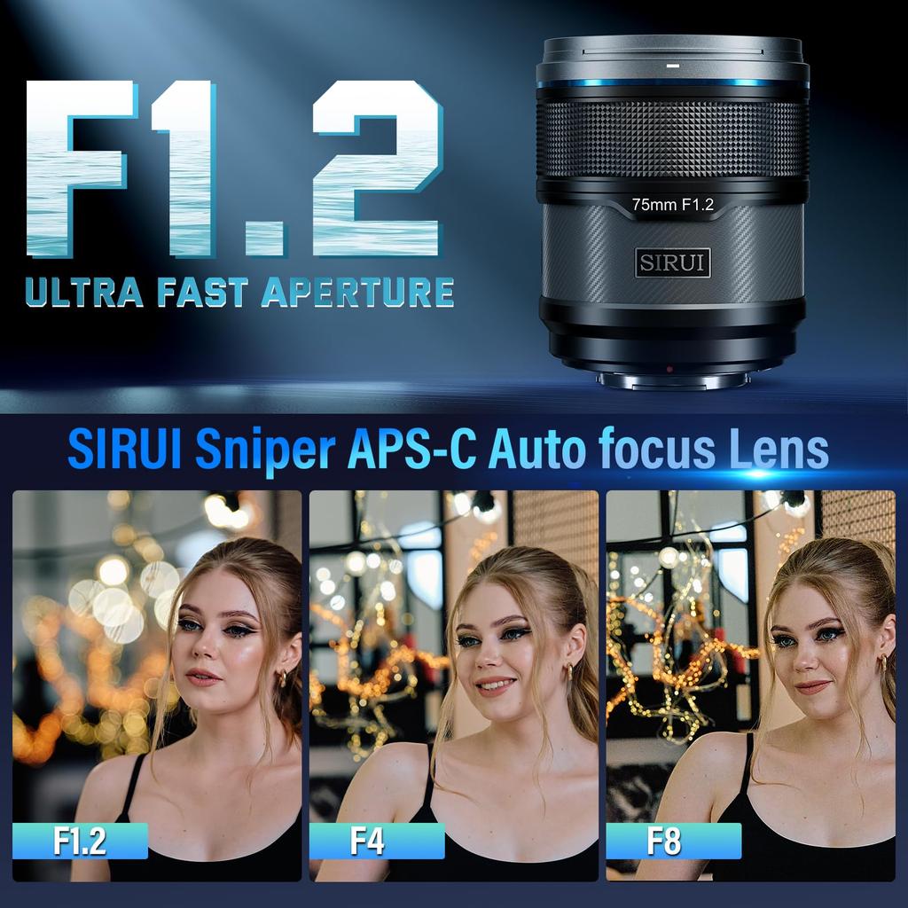SIRUI Sniper 75mm Телеобъектив с автофокусом для объектива, F1.2 APS-C X-T4, X-T5, X-H1, X-H2/H2S, X-T3, X-T30, X-S10 (X-Mount ,черный)