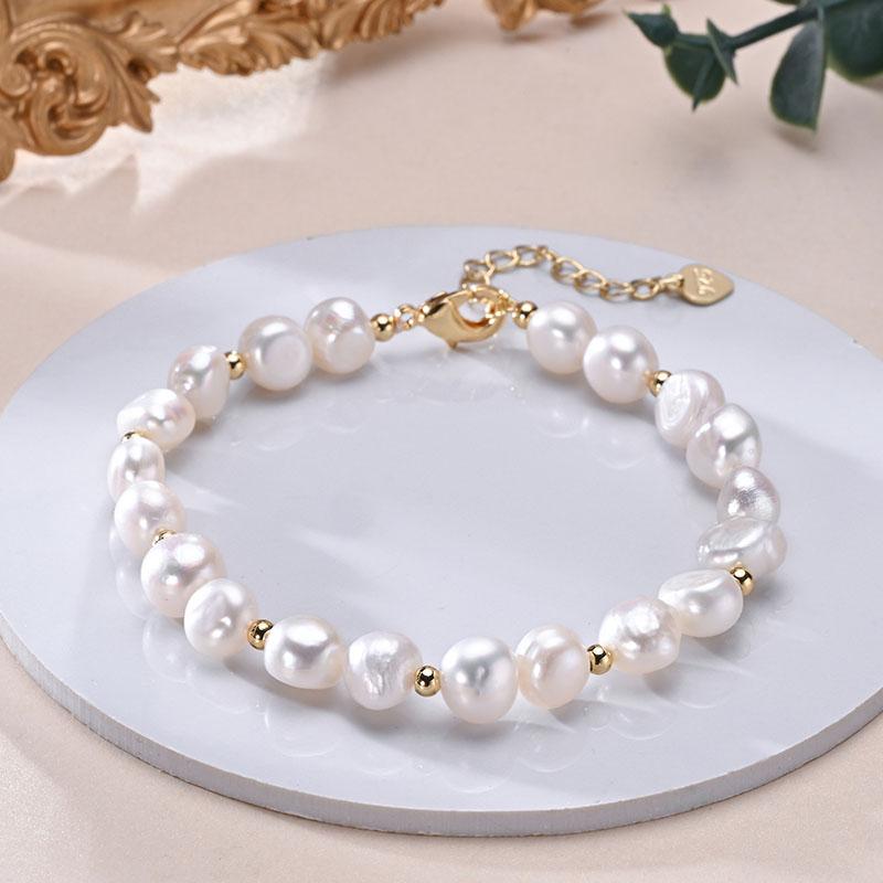 HENGSHENG Freshwater 8-9mm White Pearl Baroque With Small Gold Bead Bracelet 925 Sterling Silver Jewelry Gifts for Women Girls