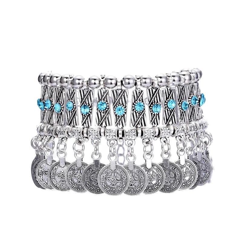 Винтажные массивные браслеты с кисточками для монет, модные металлические браслеты ручной работы с кристаллами и стразами, регулируемый этнический браслет